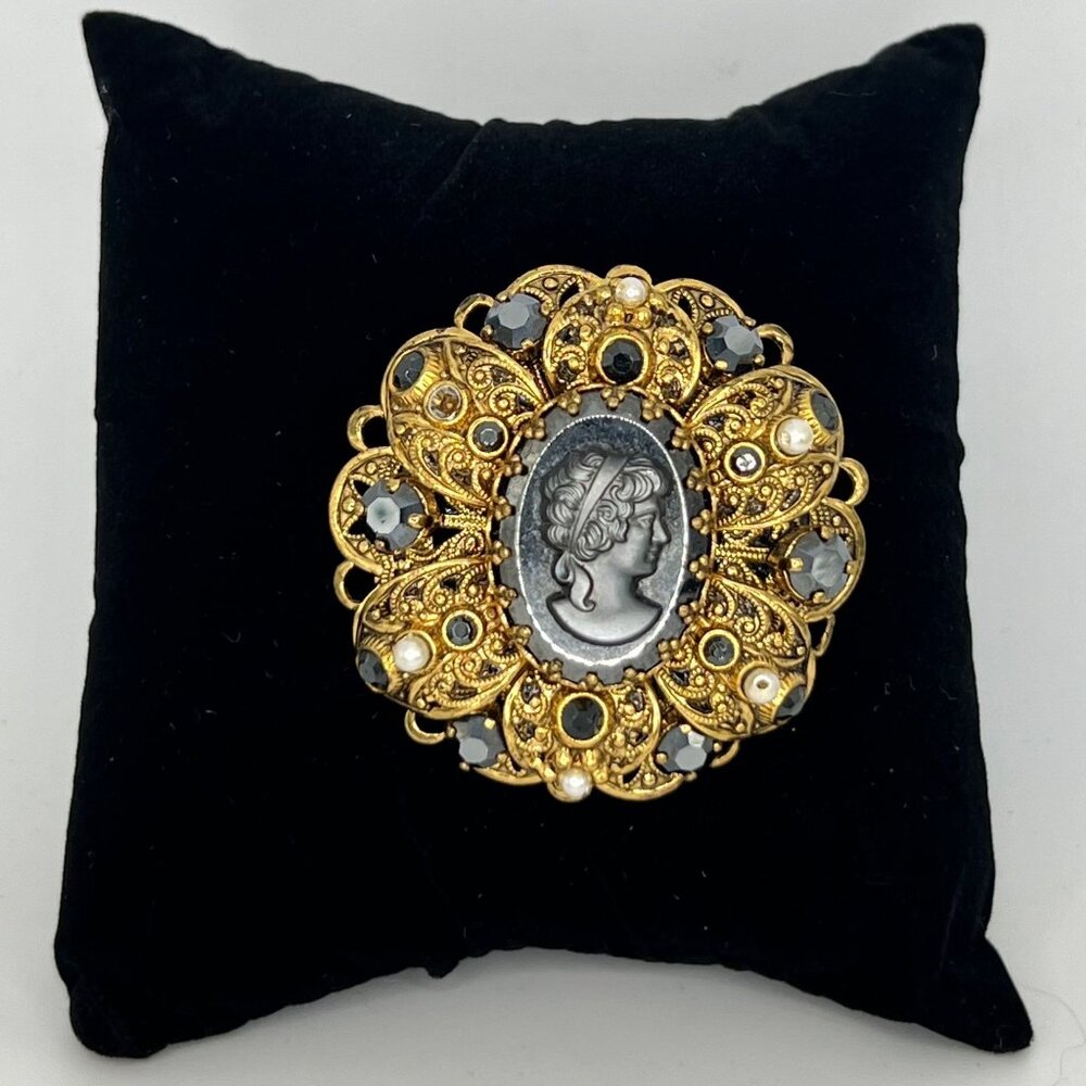 Vintage Gold Tone Folded Petal Hematite and Faux Pearl Cameo Brooch - READ